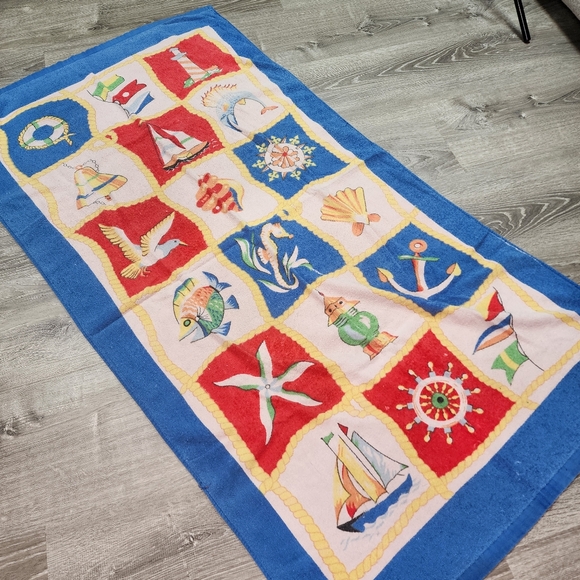 90s VINTAGE Flag Beach Pool Towel Nautical Sailboat Wheel Anchor - Picture 10 of 10